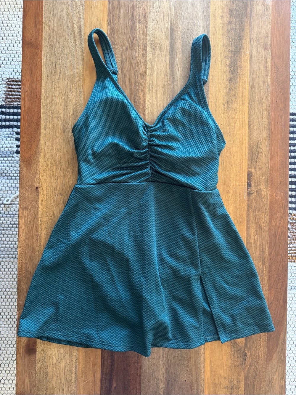 Lands' End Teal Textured V-Neck One-Piece Swimdress